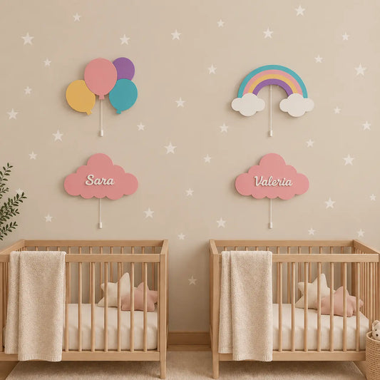 Set de 4 lámparas para gemelas, personalizadas con globos, arcoíris y nube con nombre, para gemelos y gemelas.