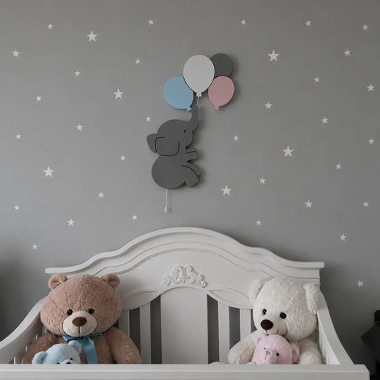 Lámparas infantiles de pared con elefante y globos para decorar la habitación del bebé. Diseño de madera con luz LED.