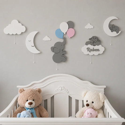 6 lámparas bebé con luna, elefante, globos, oveja sobre la nube y nube personalizada con nombre. Decoración de pared iluminada para habitación de bebé.
