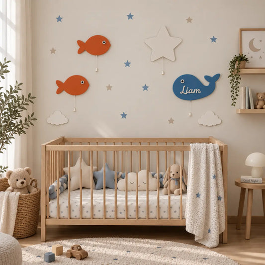 Habitación infantil decorada con set de 4 lámparas infantiles de pared de madera: Peces y estrella.