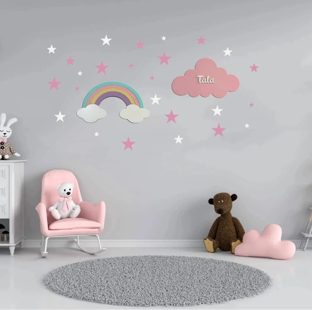 Set de 2 lámparas infantiles de madera con arcoíris y nube personalizada con nombre, pintadas a mano con pintura a base de agua para habitación infantil.