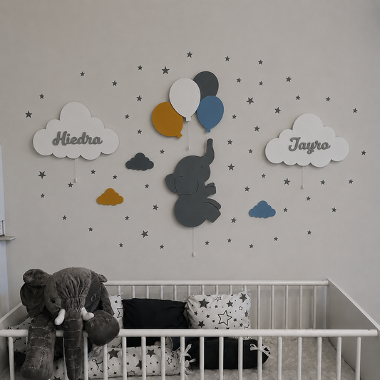 Set de 4 lámparas infantiles con elefante, globos y dos nubes. Decoración de pared iluminada para habitación de bebé en tonos neutros.
