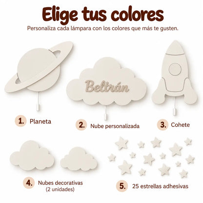 Elige tus colores de tus lámparas de madera infantil con luz led: planeta, nube personalizada y cohete.