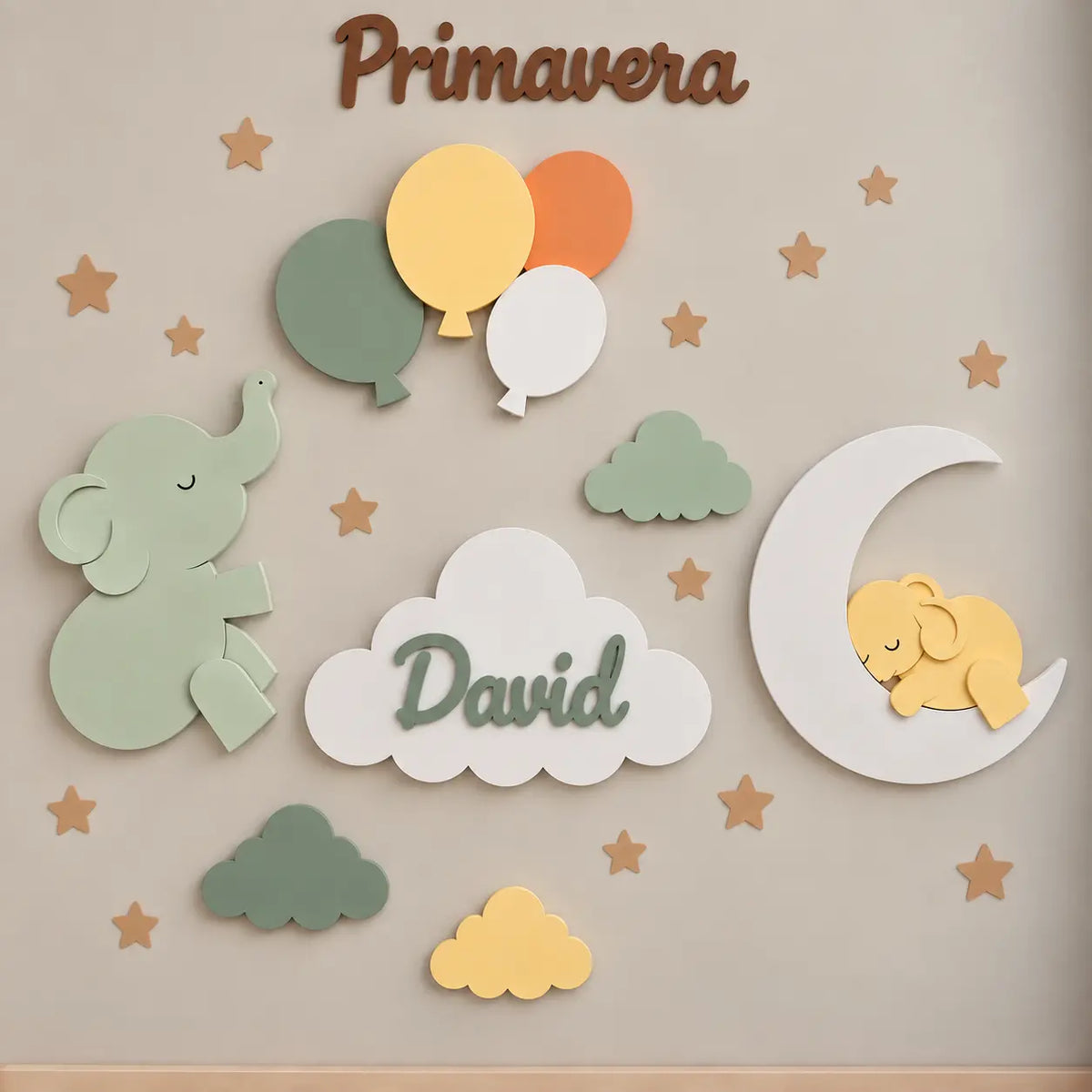 Set de lámparas infantiles personalizadas con elefante, globos, elefante sobre luna y nube con nombre para habitación de bebé, colores de primavera. 