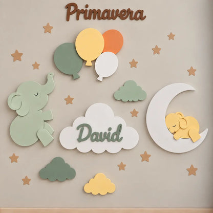 Set de lámparas infantiles personalizadas con elefante, globos, elefante sobre luna y nube con nombre para habitación de bebé, colores de primavera. 