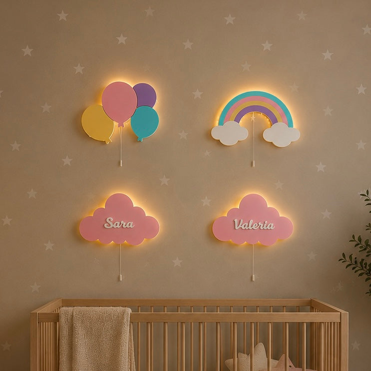 Set de 4 lámparas · Globos, Arcoíris, Nube personalizada