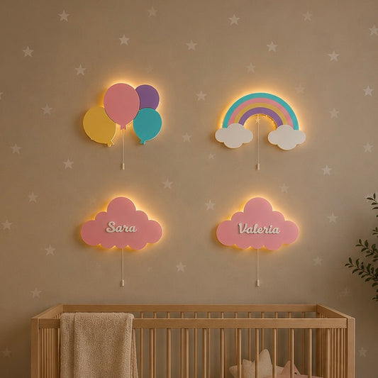 Set de 4 lámparas · Globos, Arcoíris, Nube personalizada
