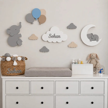 Set de lámparas bebés personalizadas con elefante, globos, elefante sobre luna y nube con nombre para habitación de infantil.