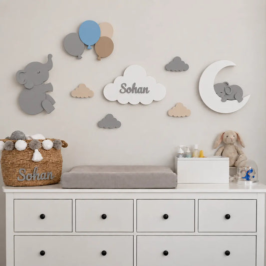 Set de lámparas bebés personalizadas con elefante, globos, elefante sobre luna y nube con nombre para habitación de infantil.