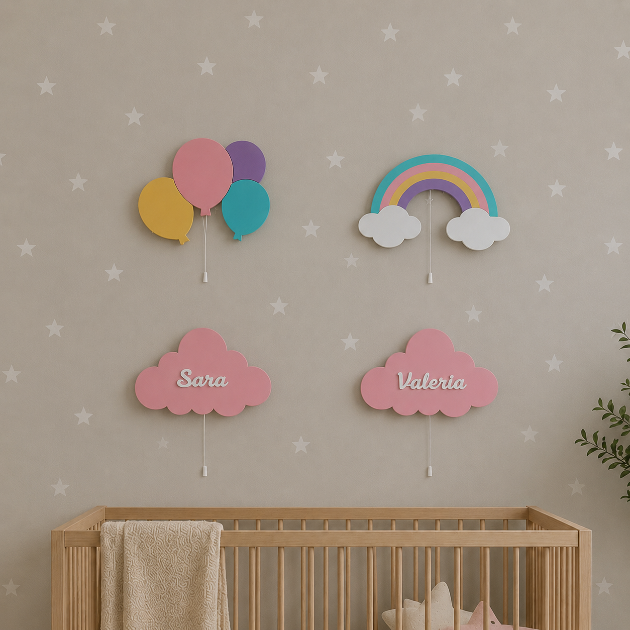 Set de 4 lámparas · Globos, Arcoíris, Nube personalizada