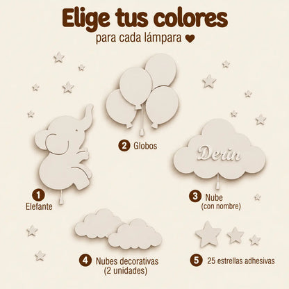Habitación de bebé con set de 3 lámparas de madera con luz LED: elefantito con globos y nube personalizada con nombre. Decoración de pared en tonos amarillo, gris, azul.
