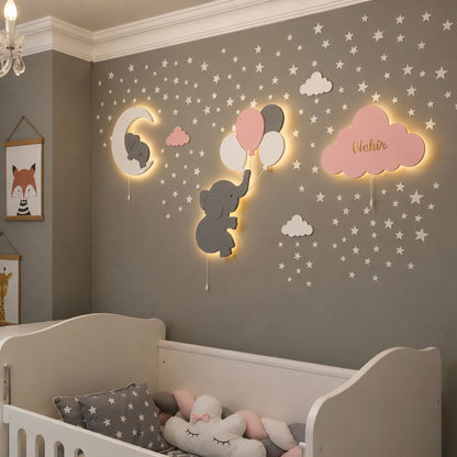 Set de 4 lámparas · Globos, elefantito, elefante en la luna y nube personalizado