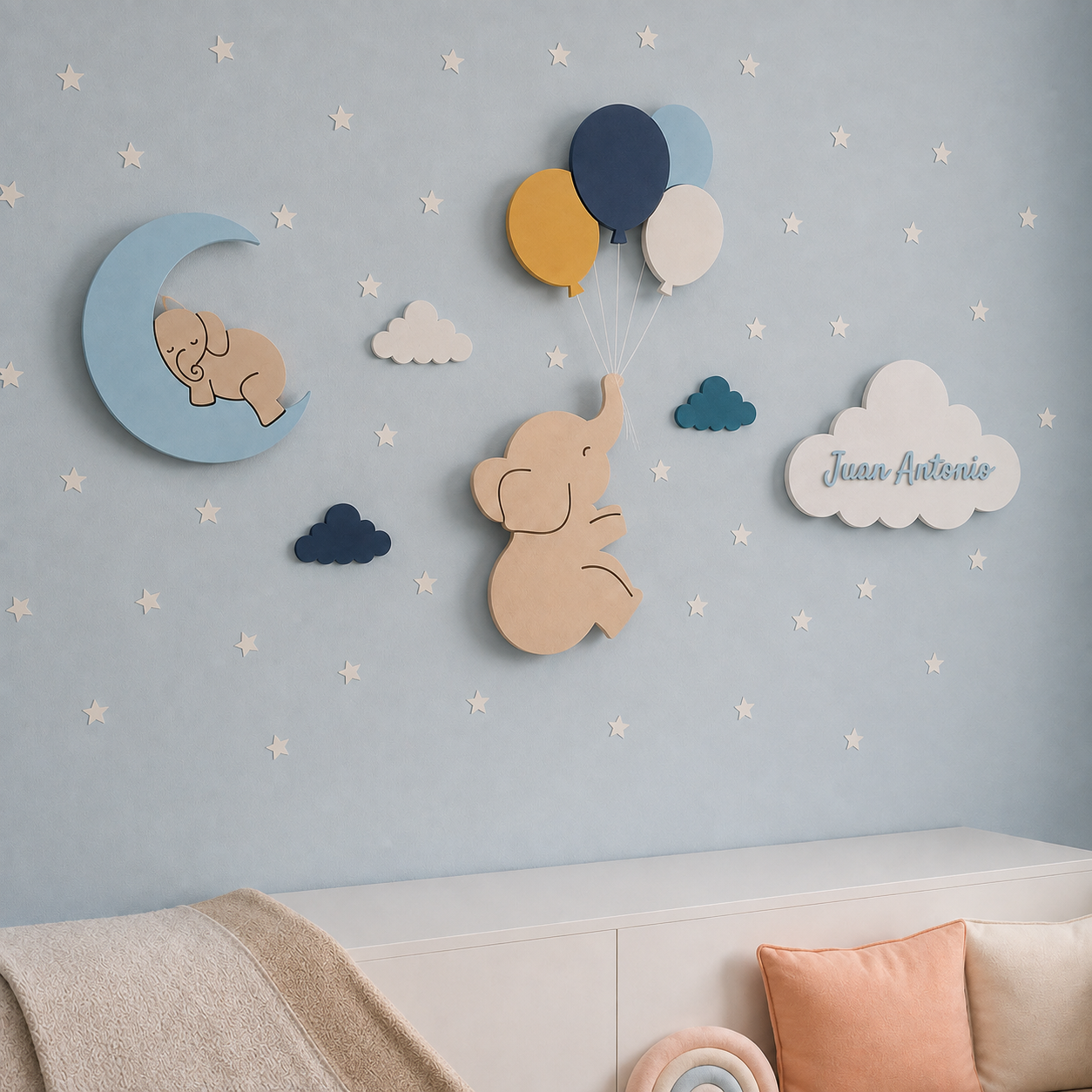 Set de 4 lámparas · Globos, elefantito, elefante en la luna y nube personalizado