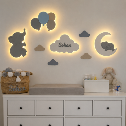 Set de 4 lámparas · Globos, elefantito, elefante en la luna y nube personalizado