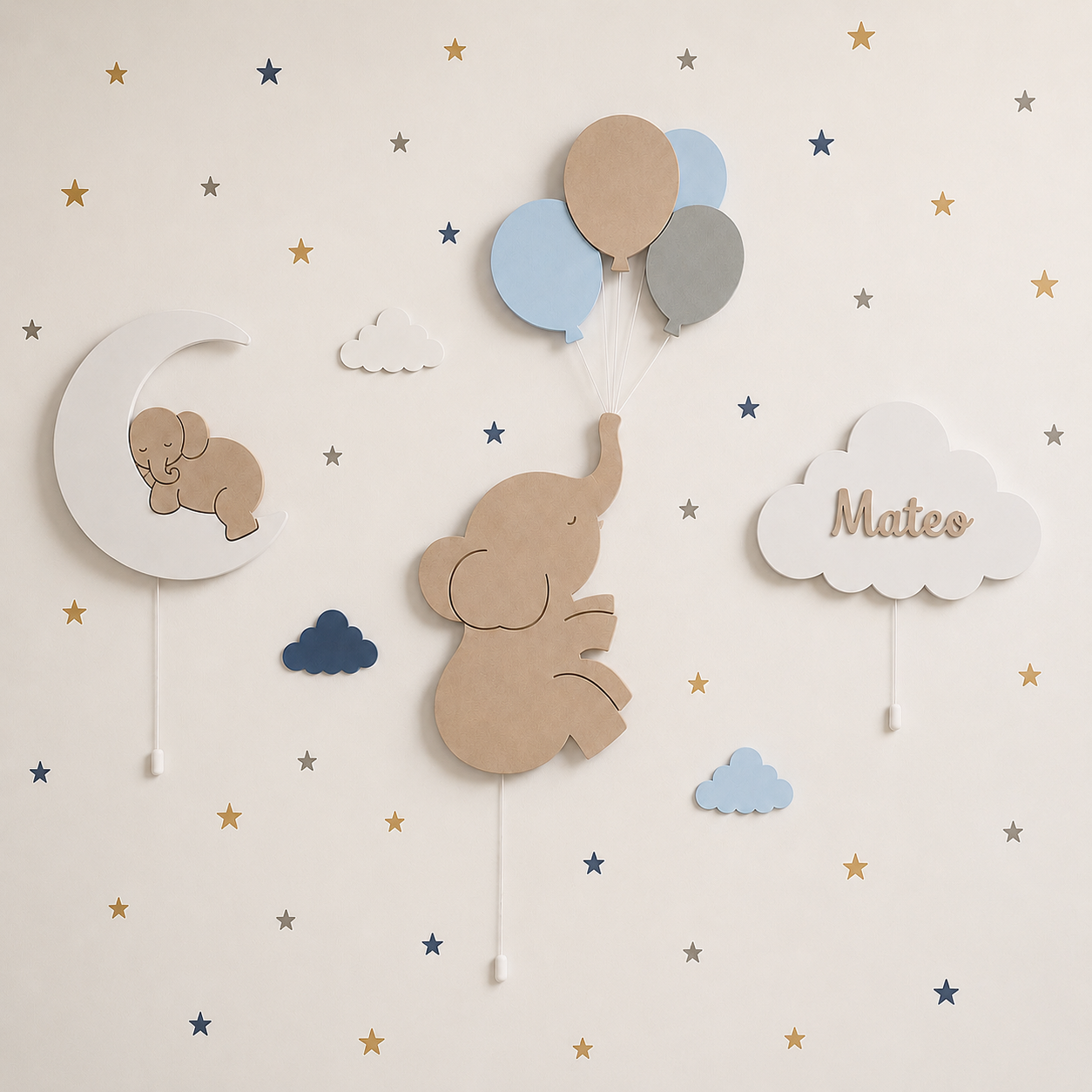 Set de 4 lámparas · Globos, elefantito, elefante en la luna y nube personalizado