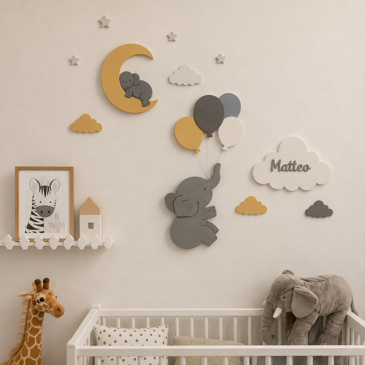 Set de 4 lámparas · Globos, elefantito, elefante en la luna y nube personalizado