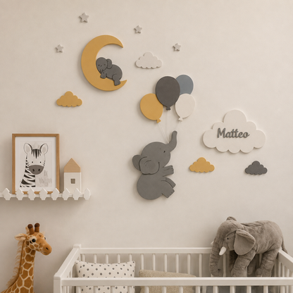 Set de 4 lámparas · Globos, elefantito, elefante en la luna y nube personalizado