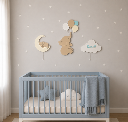 Set de 4 lámparas · Globos, elefantito, elefante en la luna y nube personalizado