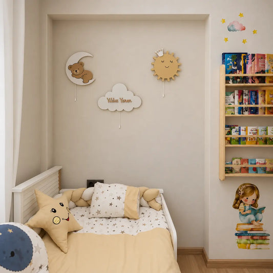 Set de 3 lámparas bebé de madera con nube personalizada, oso sobre la luna y sol.