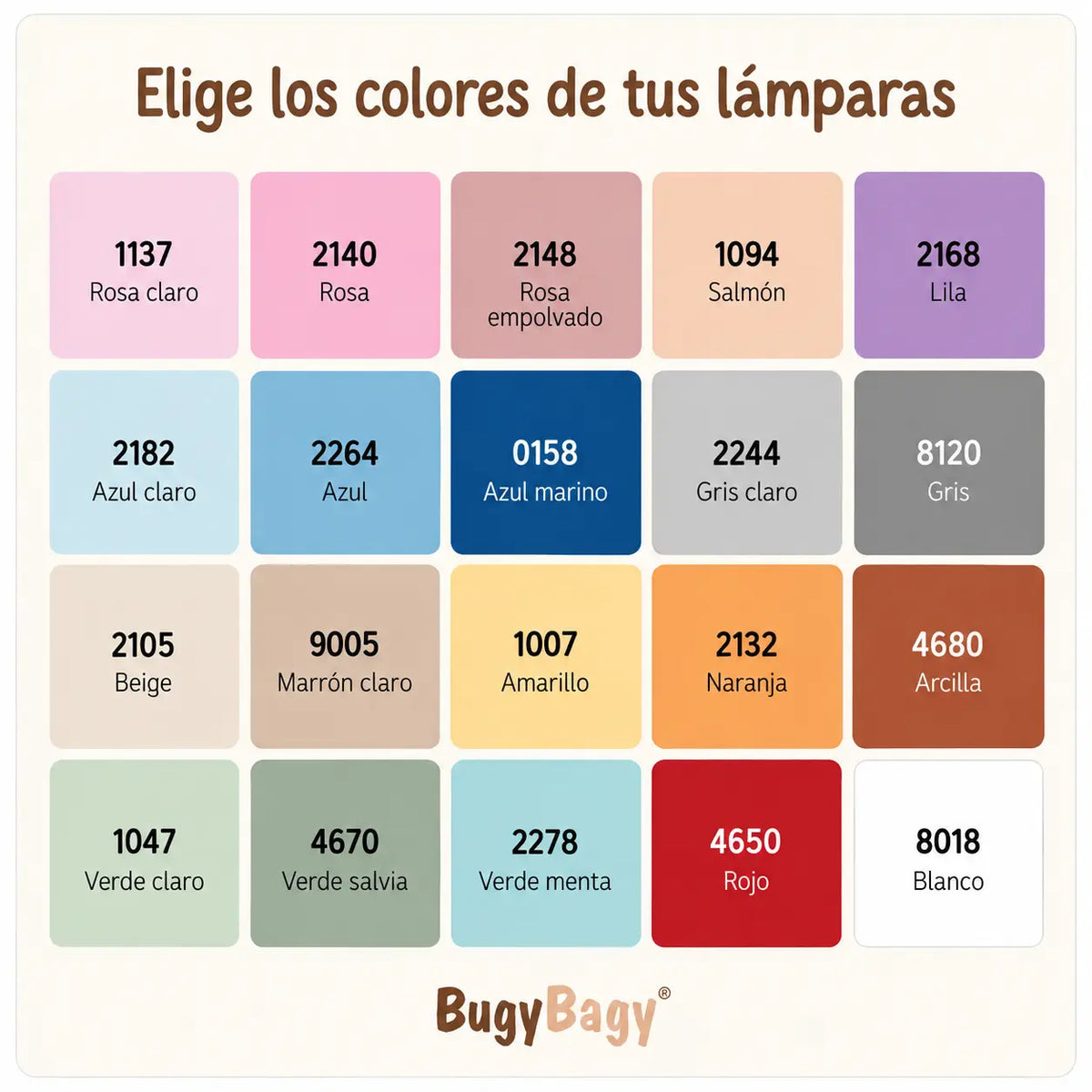 Carta de colores BugyBagy con 20 colores disponibles para personalizar lámparas infantiles de madera. Incluye tonos rosa, azul, lila, gris, beige, amarillo, naranja, verde, rojo y blanco, con sus códigos y nombres.