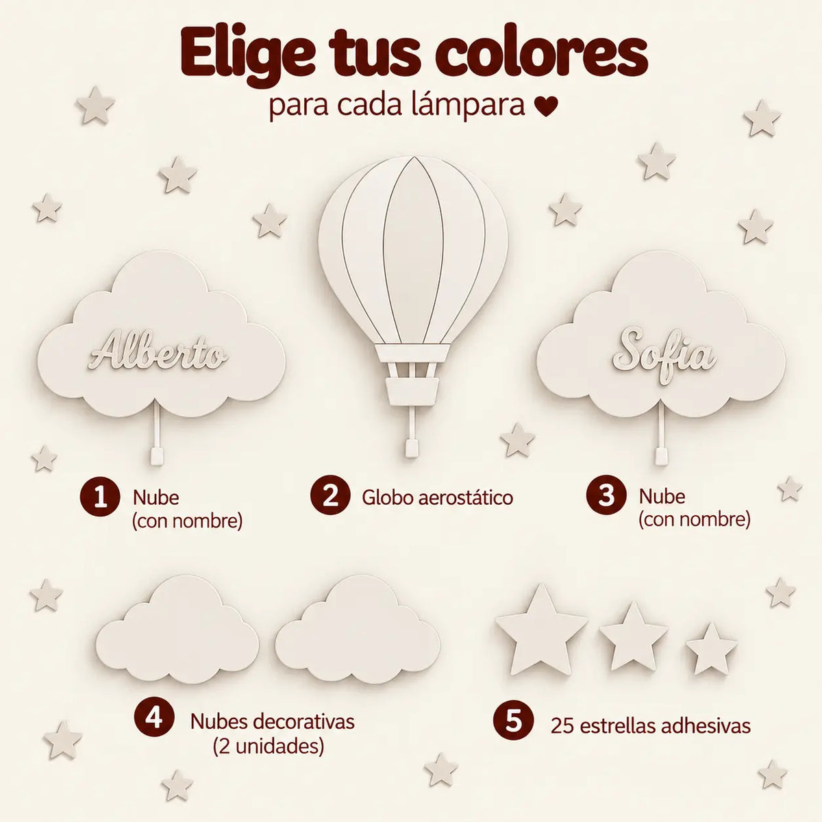 Set de 3 lámparas infantiles de madera con nubes personalizadas y globo aerostático