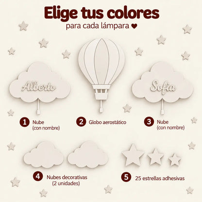 Set de 3 lámparas infantiles de madera con nubes personalizadas y globo aerostático