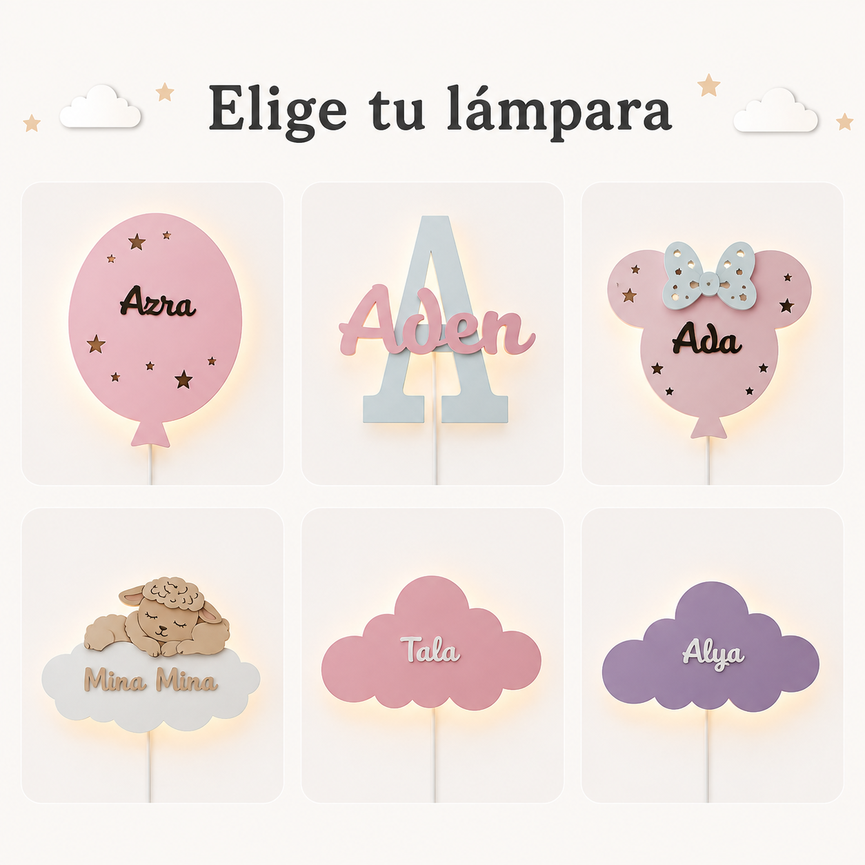 Catálogo de lámparas infantiles personalizadas con nombre, pintadas a mano para la decoración de la habitación del bebé, ideal para regalo de nacimiento, bautizo y cumpleaños.