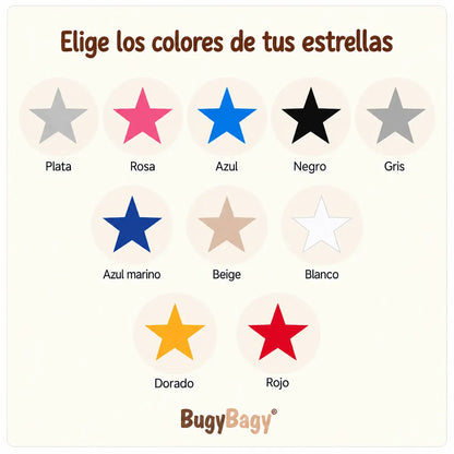 Carta de colores de las estrellas adhesivas BugyBagy con 10 opciones: Plata, Rosa, Azul, Negro, Gris, Azul marino, Beige, Blanco, Dorado y Rojo.