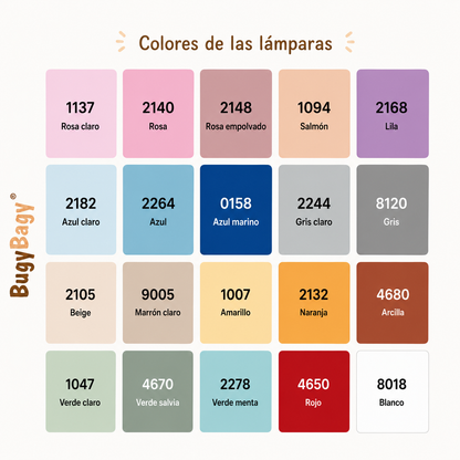 Carta de colores disponible para personalizar las lámparas infantiles de madera BugyBagy. Elige el color perfecto para la habitación de tu bebé.