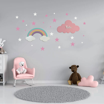 Set personalizado de 2 lámparas infantiles de madera en colores pastel con arcoíris y nube con nombre, pintadas a mano con pintura a base de agua para habitación infantil.