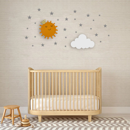 Set personalizado de 2 lámparas infantiles de madera en colores amarillo y blanco con sol y nube, pintadas a mano con pintura a base de agua para habitación infantil.