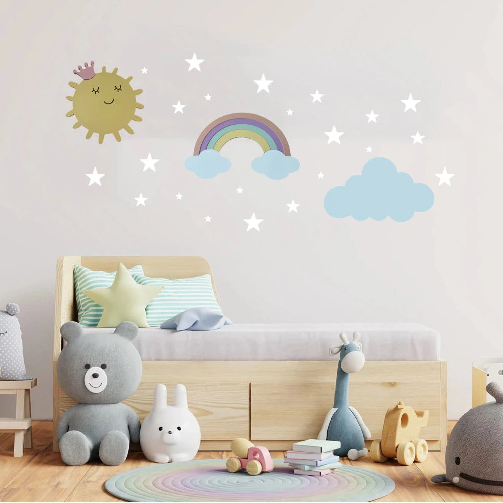 Set personalizado de 3 lámparas infantiles de madera en colores pastel con sol, nube  y arcoíris, pintadas a mano con pintura a base de agua para habitación infantil.