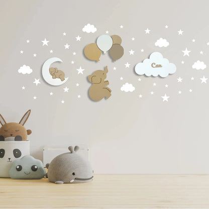 Set personalizado de 4 lámparas infantiles de madera con elefante sobre la luna, elefante, globos y nube con nombre, pintadas a mano con pintura a base de agua para habitación infantil.