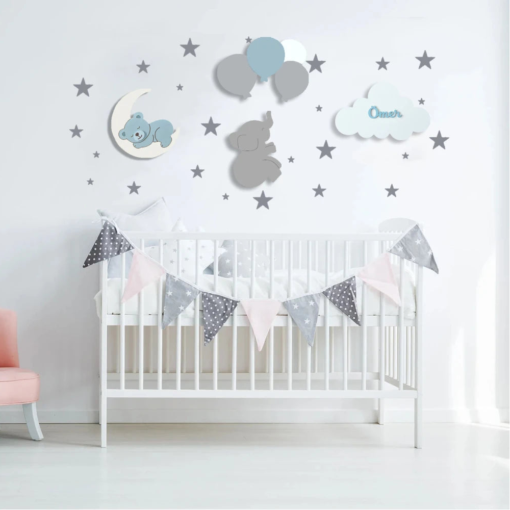 Set personalizado de 4 lámparas infantiles de madera con osito sobre la luna, elefante, globos y nube con nombre, pintadas a mano con pintura a base de agua para habitación infantil.