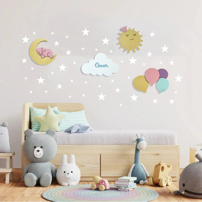 Set personalizado de 4 lámparas infantiles de madera con elefante sobre la luna, sol, nube con nombre y globos, pintadas a mano con pintura a base de agua para habitación infantil.