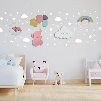 Set personalizado de 5 lámparas infantiles de madera con elefante sobre la luna, elefante, globos, nube con nombre y arcoíris, pintadas a mano con pintura a base de agua para habitación infantil.