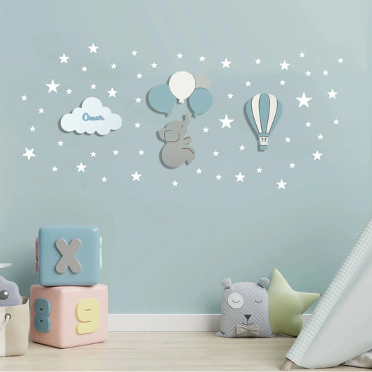 Set personalizado de 4 lámparas infantiles de madera con elefante sentado, globos, globo aerostático y nube con nombre, pintadas a mano con pintura a base de agua para habitación infantil.