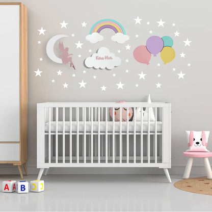 Set personalizado de 4 lámparas infantiles de madera con hada sobre la luna, arcoíris, nube con nombre y globos, pintadas a mano con pintura a base de agua para habitación infantil.