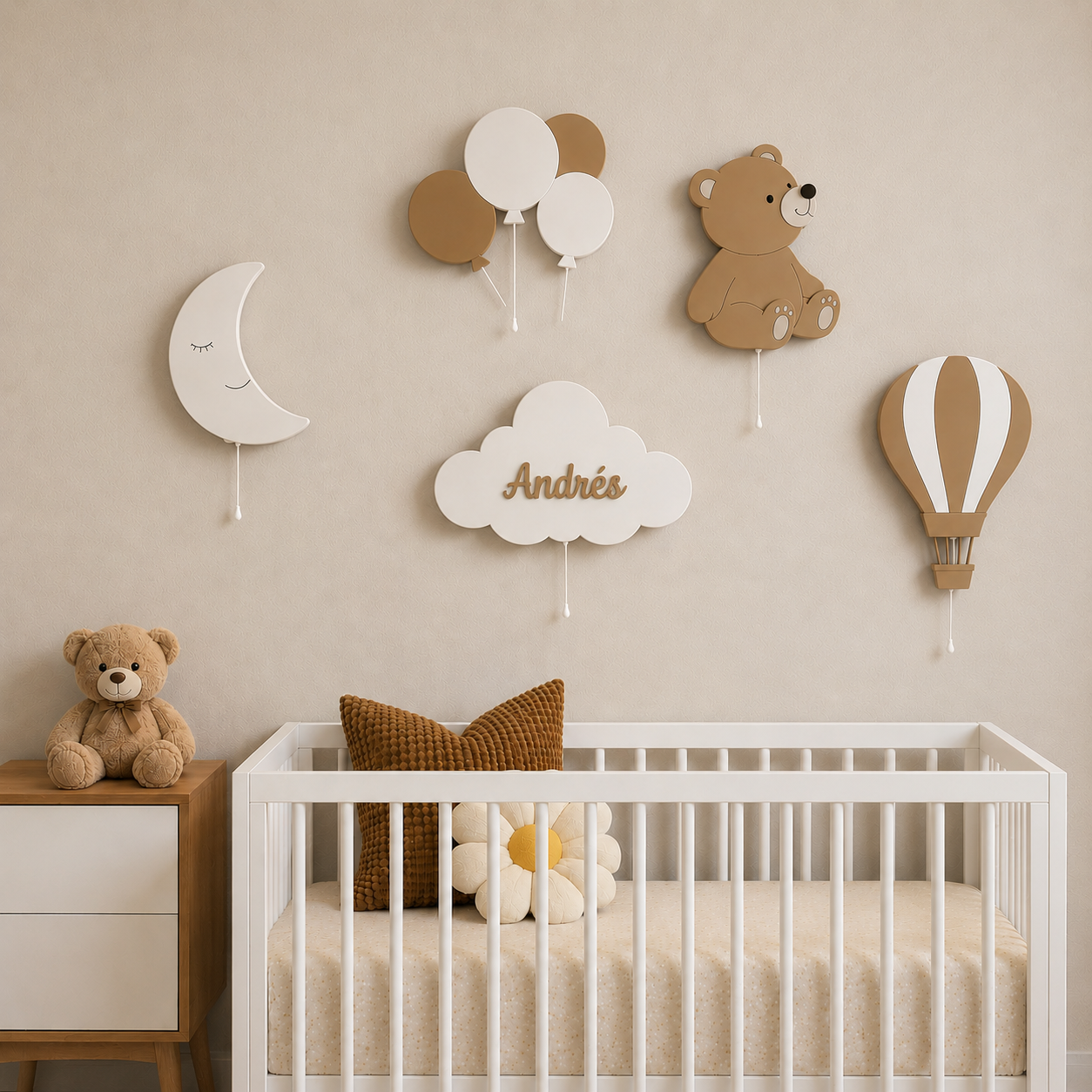 Set de 5 lámparas de pared infantiles con lunita, globos, osito, nube personalizada con nombre y globo aerostático para la decoración de la habitación del bebé, ideales para regalo de nacimiento, bautizo y cumpleaños.
