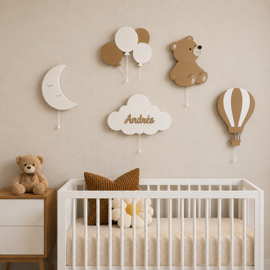 Set de 5 lámparas de pared infantiles con lunita, globos, osito, nube personalizada con nombre y globo aerostático para la decoración de la habitación del bebé, ideales para regalo de nacimiento, bautizo y cumpleaños.