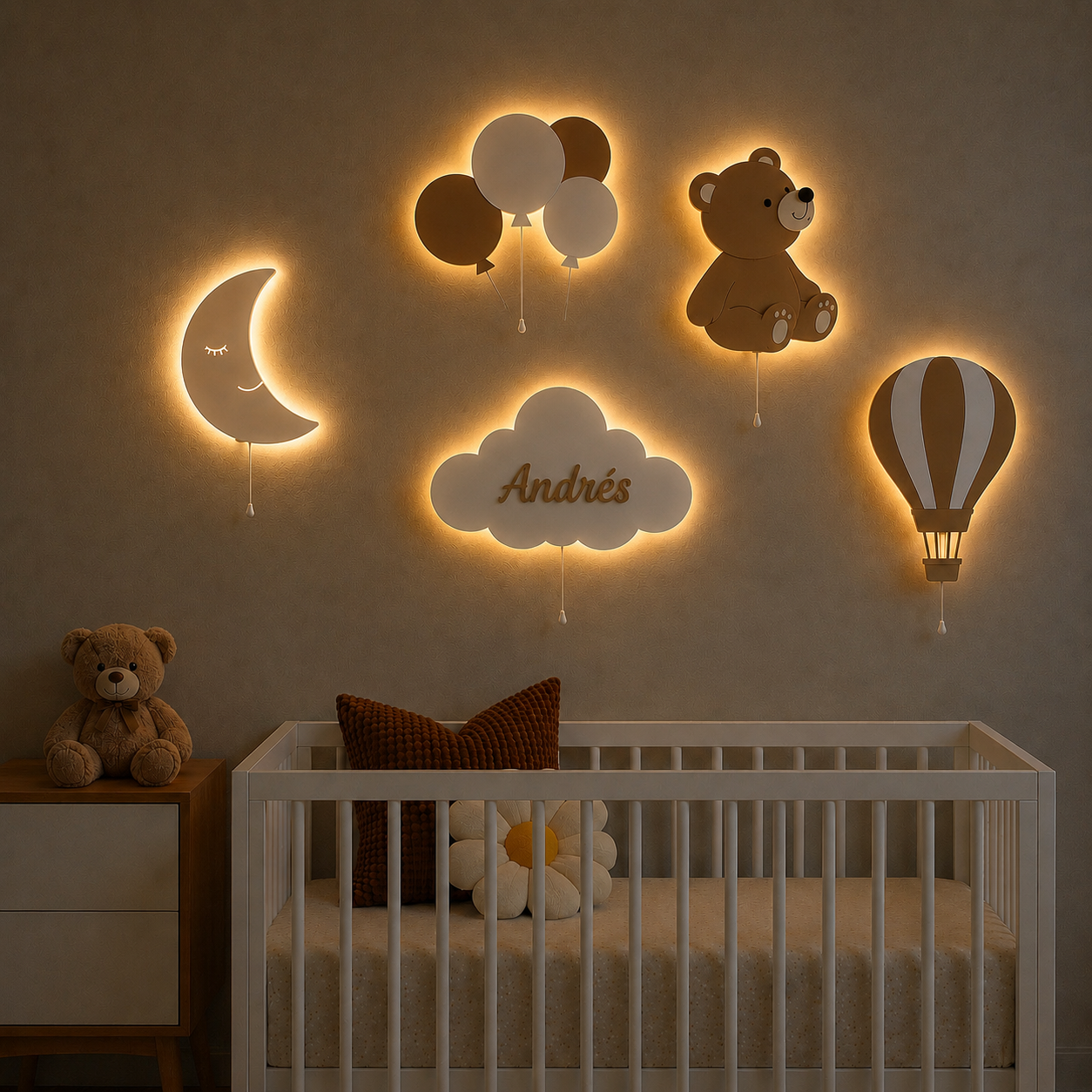 Set de 5 lámparas infantiles de pared con luna, osito, nube personalizada, globos y globo aerostático para decorar la habitación del bebé, ideal para regalo de nacimiento, bautizo y cumpleaños.