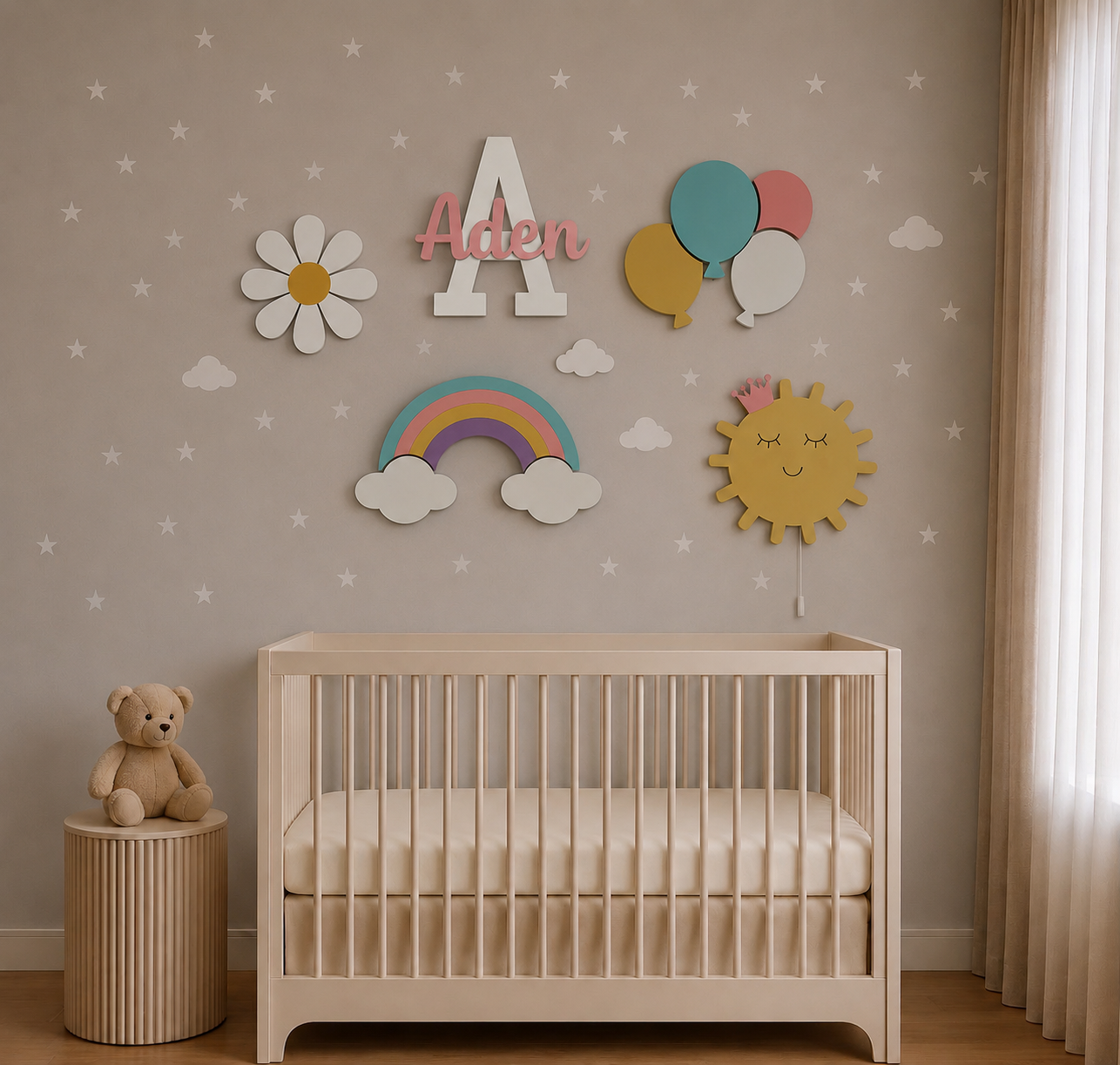 Decoración de pared infantil con un set de lámparas de margaritas de primavera, pintadas a mano y personalizadas.