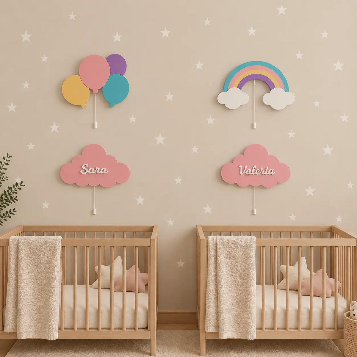 Set de 4 lámparas para gemelas, personalizadas con globos, arcoíris y nube con nombre, para gemelos y gemelas.