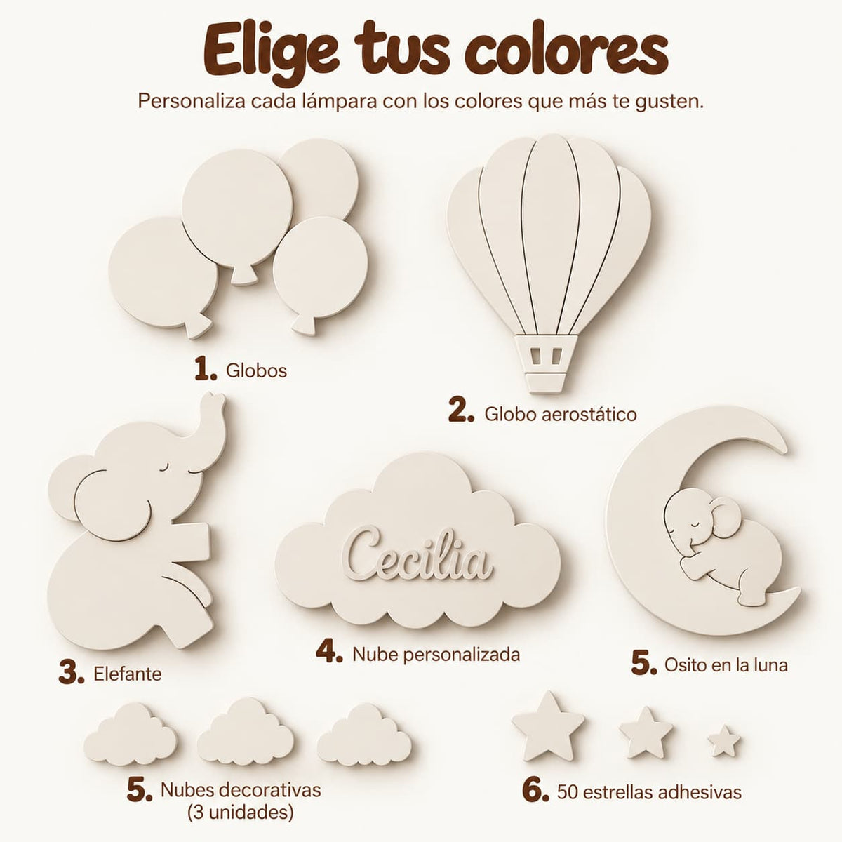 Conjunto de lámparas de pared LED infantiles con elefante, globo aerostático, globos, luna y nubes, incluyendo una nube personalizada con el nombre y tonos de rosa. Decoración cálida y acogedora para una habitación bebé. 