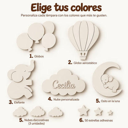 Conjunto de lámparas de pared LED infantiles con elefante, globo aerostático, globos, luna y nubes, incluyendo una nube personalizada con el nombre y tonos de rosa. Decoración cálida y acogedora para una habitación bebé. 