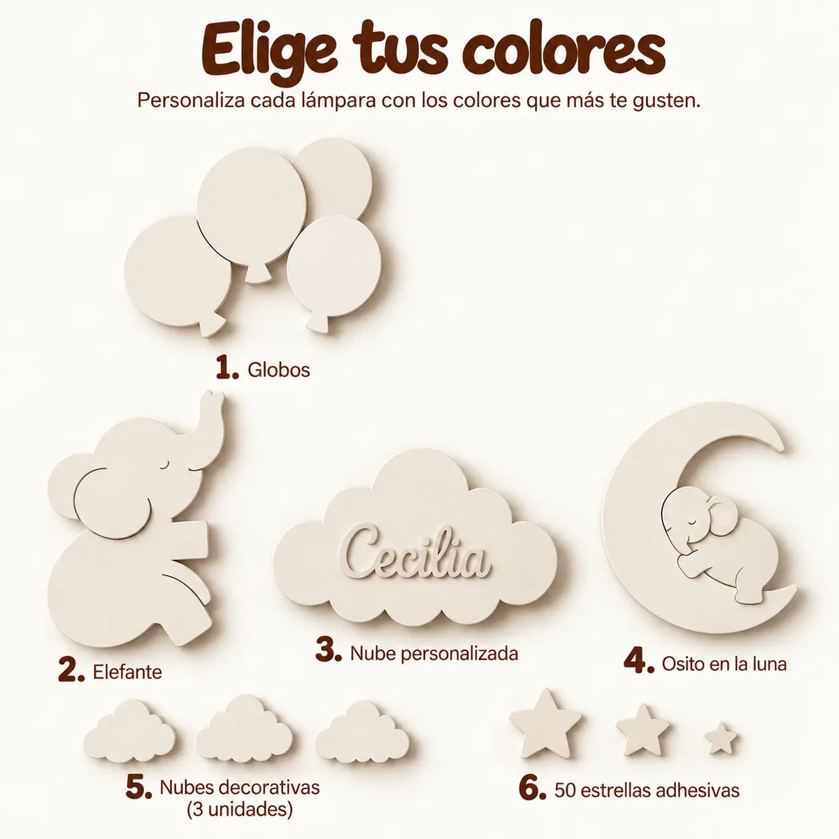 Set de lámparas bebés personalizadas con elefante, globos, elefante sobre luna y nube con nombre para habitación de infantil.