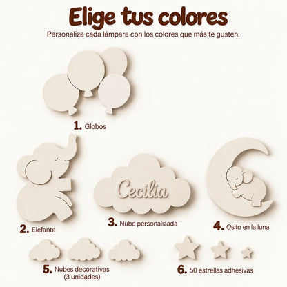 Set de lámparas bebés personalizadas con elefante, globos, elefante sobre luna y nube con nombre para habitación de infantil.