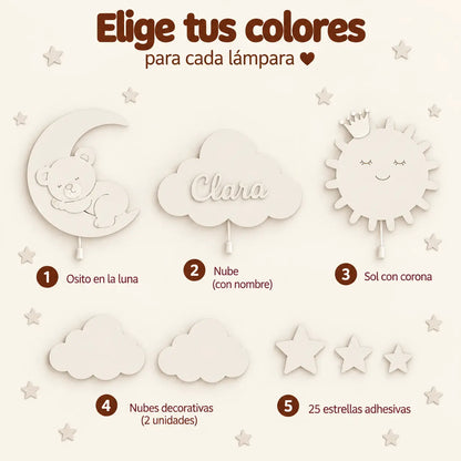 Set de 3 lámparas bebé, de madera, personalizada con nube con nombre, oso sobre la luna y sol.
