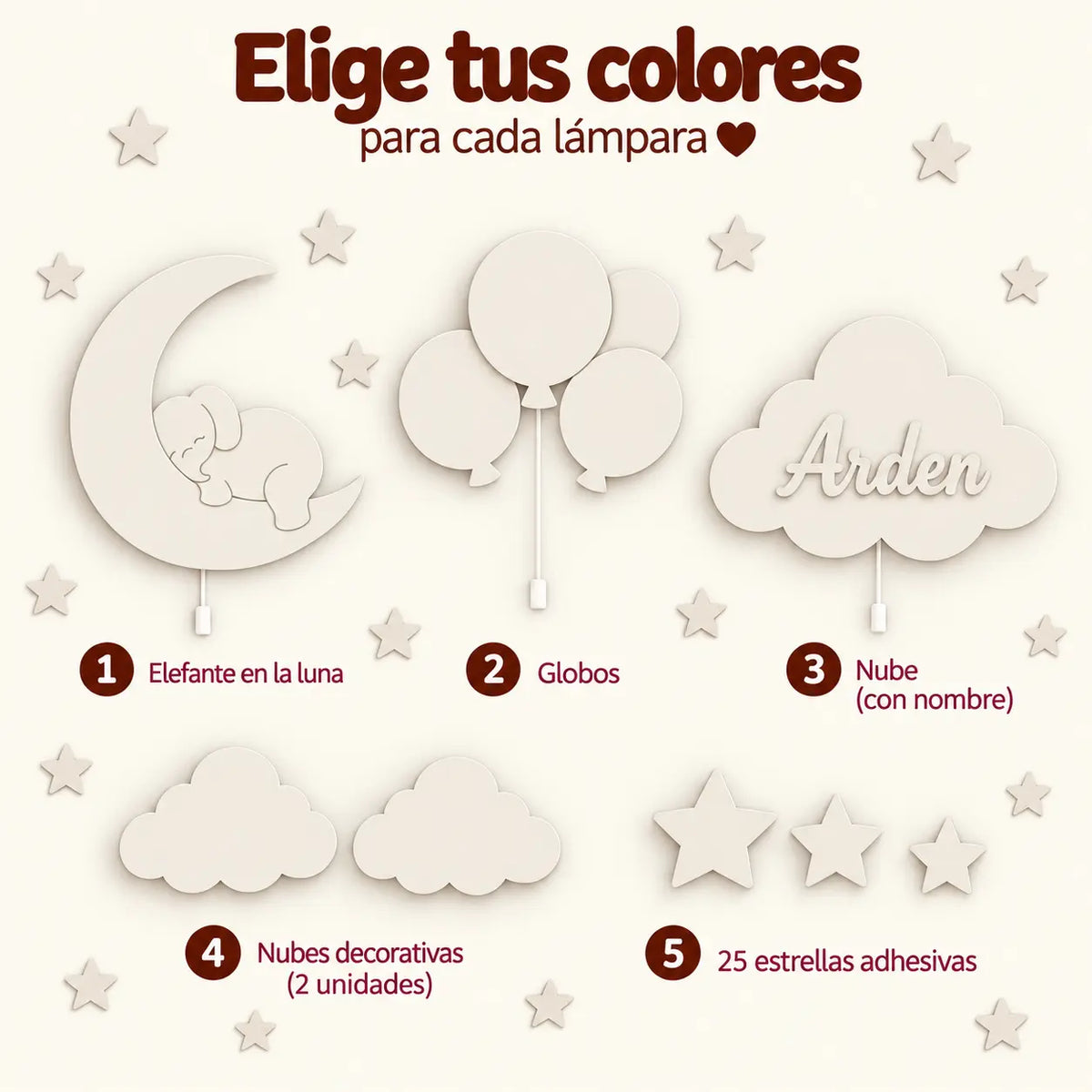 Elige tus colores para cada lámpara de madera y añade el nombre de tu bebé. Lámparas personalizadas.