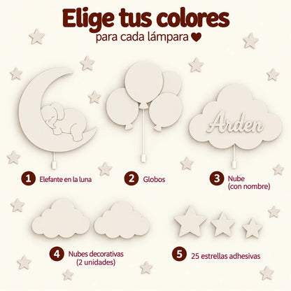Elige tus colores para cada lámpara de madera y añade el nombre de tu bebé. Lámparas personalizadas.